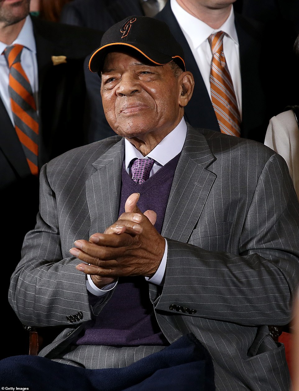 Mays applauds as then-President Barack Obama welcomes the World Series Champion in 2015