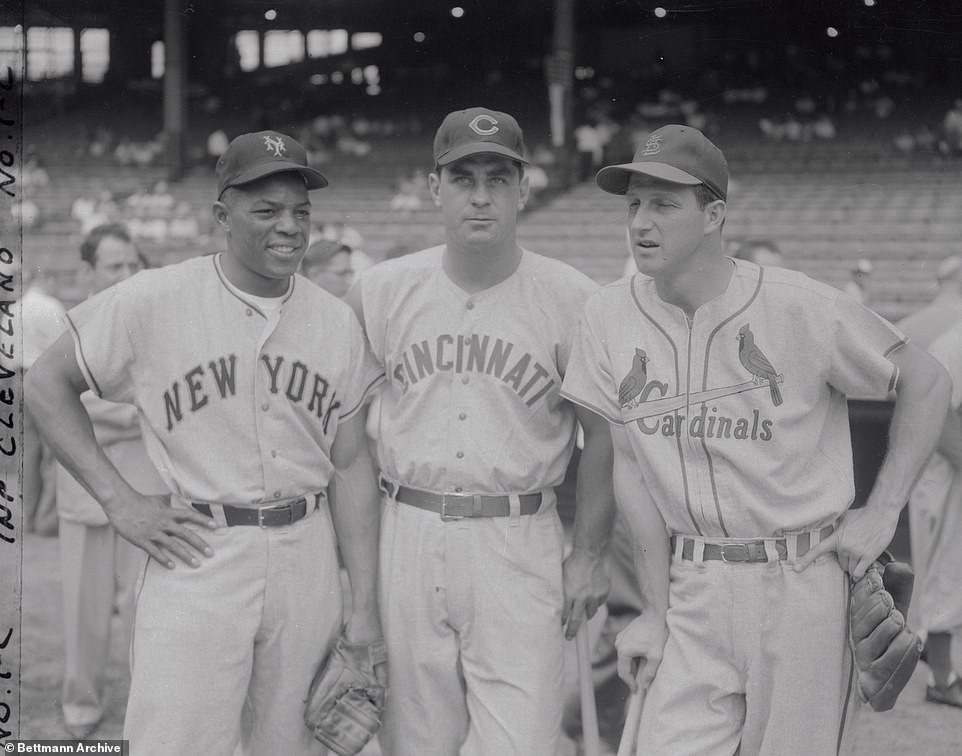 All Stars Willie Mays, Cincinnati Reds slugger Ted Kluszenski, and St. Louis Cardinals legend Stan Musial are shown