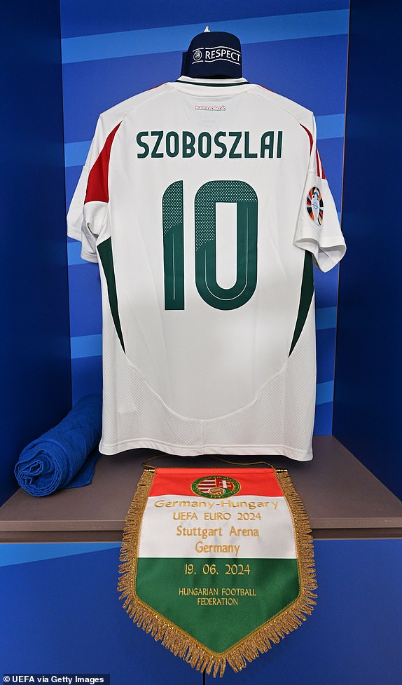 STUTTGART, GERMANY - JUNE 19: The shirt of Dominik Szoboszlai is displayed alongside the match pennant inside the Hungary dressing room prior to the UEFA EURO 2024 group stage match between Germany and Hungary at Stuttgart Arena on June 19, 2024 in Stuttgart, Germany. (Photo by Chris Ricco - UEFA/UEFA via Getty Images)