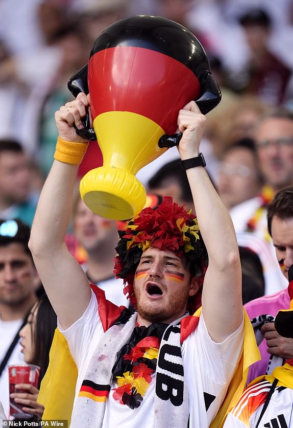 A Germany fan during the UEFA Euro 2024 Group A match at the Stuttgart Arena in Stuttgart, Germany. Picture date: Wednesday June 19, 2024. PA Photo. See PA Story SOCCER Germany. Photo credit should read: Nick Potts/PA Wire.RESTRICTIONS: Use subject to restrictions. Editorial use only, no commercial use without prior consent from rights holder.