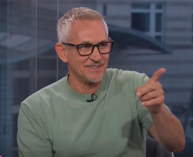 Lineker wearing the Next top during coverage for England's game against Serbia on the BBC