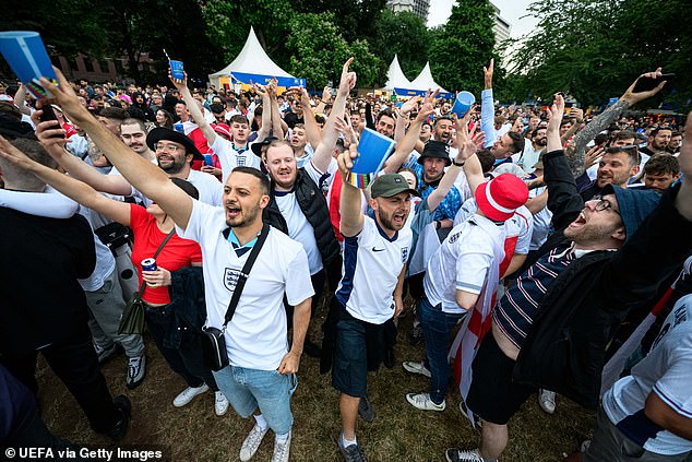 England fans at the UEFA Fan Zone in Frankfurt on Sunday during the match against Serbia