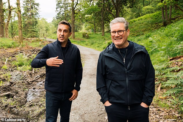 Keir Starmer, leader of the Labour Party, and Gary Neville, football pundit and former player, pictured filming Labour's Party Election Broadcast in the Langdale Valley, Lake District