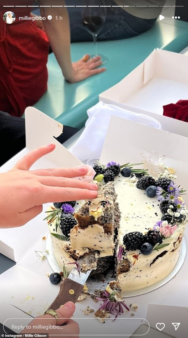 The actress was surprised with a cake by her co-stars, after taking a break from filming a new reimagining of The Forsyte Saga