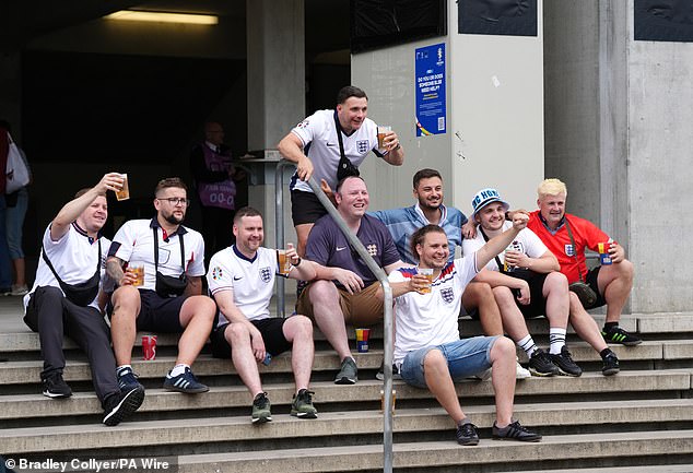 England fans in Frankfurt today before the Euro 2024 group match against Denmark