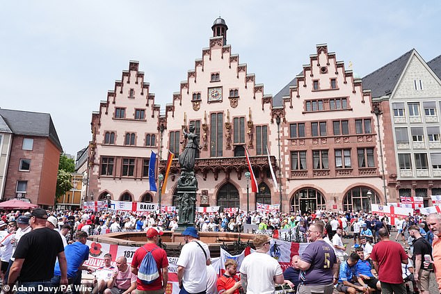 England fans in Romerberg Square before the Euro 2024 match against Denmark today