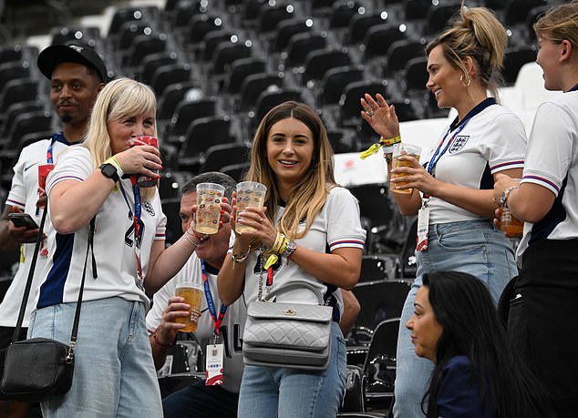 Jarrod Bowen's partner Dani Dyer (centre) at the Frankfurt Arena ahead of the match today