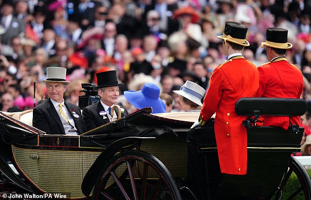 Princess Anne and Sarah Chatto were joined by their husbands in the royal carriage as they arrived at the third day of the Royal Ascot