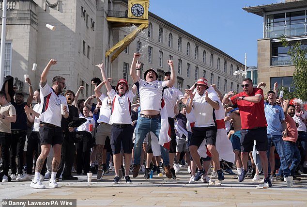 England fans celebrate their side's first goal at Millennium Square in Leeds