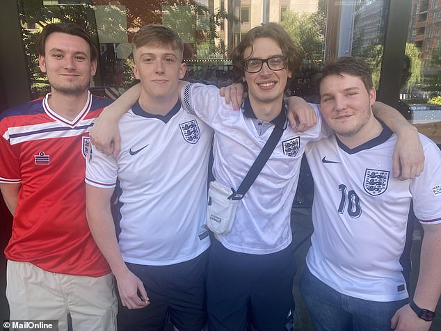 Friends Jack (centre left) and James (centre right), from south-east London, said they got 'soaked' when Harry Kane scored