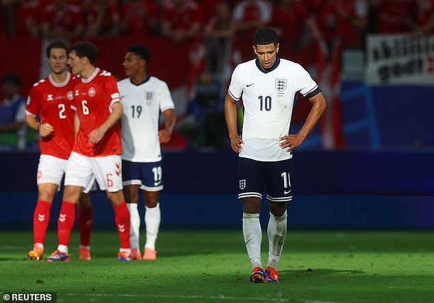 Jude Bellingham trudges off the pitch at full-time after a lacklustre performance from England