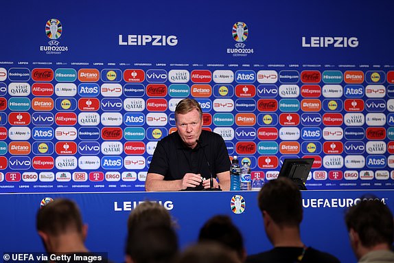 LEIPZIG, GERMANY - JUNE 21: Ronald Koeman, Head Coach of the Netherlands, speaks to the media in a post match press conference after the UEFA EURO 2024 group stage match between Netherlands and France at Football Stadium Leipzig on June 21, 2024 in Leipzig, Germany. (Photo by Maja Hitij - UEFA/UEFA via Getty Images)