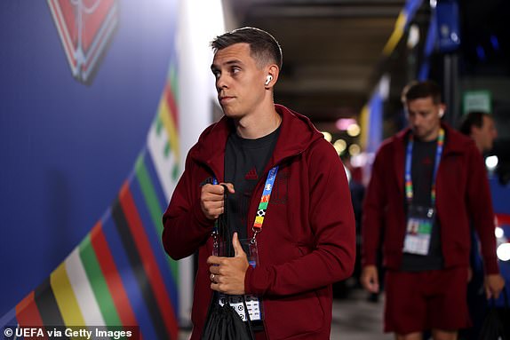 COLOGNE, GERMANY - JUNE 22: Leandro Trossard of Belgium arrives at the stadium prior to the UEFA EURO 2024 group stage match between Belgium and Romania at Cologne Stadium on June 22, 2024 in Cologne, Germany. (Photo by Ryan Pierse - UEFA/UEFA via Getty Images)