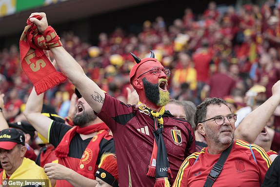 COLOGNE, GERMANY - JUNE 22: Belgium fans before the UEFA EURO 2024 group stage match between Belgium and Romania at Cologne Stadium on June 22, 2024 in Cologne, Germany. (Photo by Richard Sellers/Sportsphoto/Allstar via Getty Images)