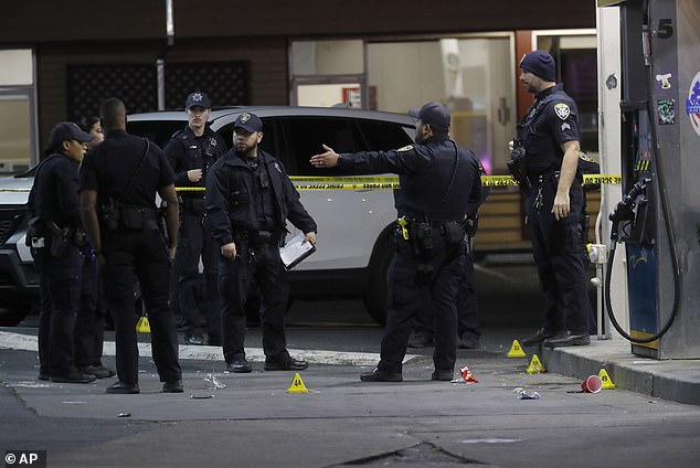 Oakland has been rocked by violent crime in recent months, including murders which have soared from 78 in 2019 to 126 last year. (pictured) Police investigate a multiple shooting and homicide at a gas station Oakland in January 2023