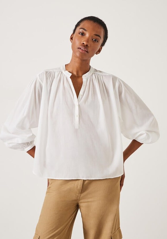 White is the classic summer-upper and a light, gathered, oversize blouse (£65, hush-uk.com) will lift skirts and cargo pants