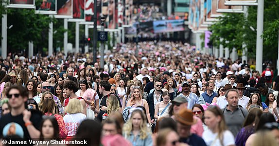 Mandatory Credit: Photo by James Veysey/Shutterstock (14553899k) Taylor Swift fans attending concert Fans attending Taylor Swift in concert, Eras Tour at Wembley Stadium, London, UK - 23 Jun 2024