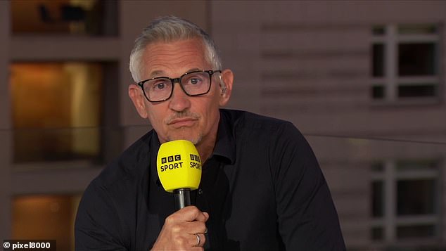 Lineker (pictured last night) branded the team's performance 's***' on 'The Rest is Football' podcast, after they struggled to secure a 1-1 draw