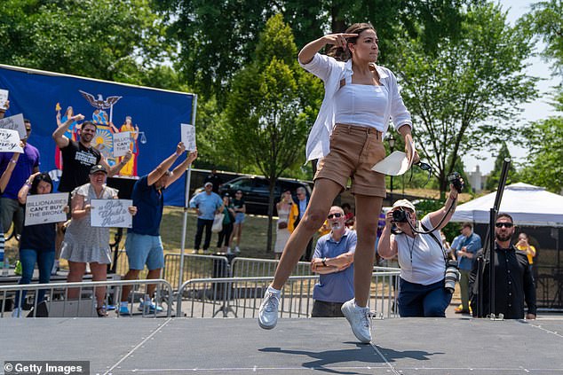 The firebrand New Yorker was seen jumping around and waving her fists on stage as she tried to pump up the crowd at the Saturday event