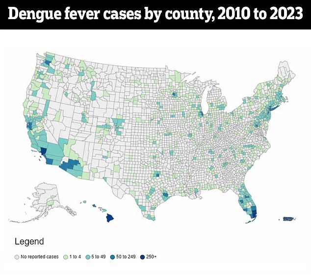 The above map shows the counties that recorded dengue cases between 2020 and 2023