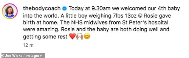 The Body Coach star, and his beloved wife announced the joyful news on Instagram alongside a gorgeous snap of the newborn earlier this month (seen with daughter Indie, six)