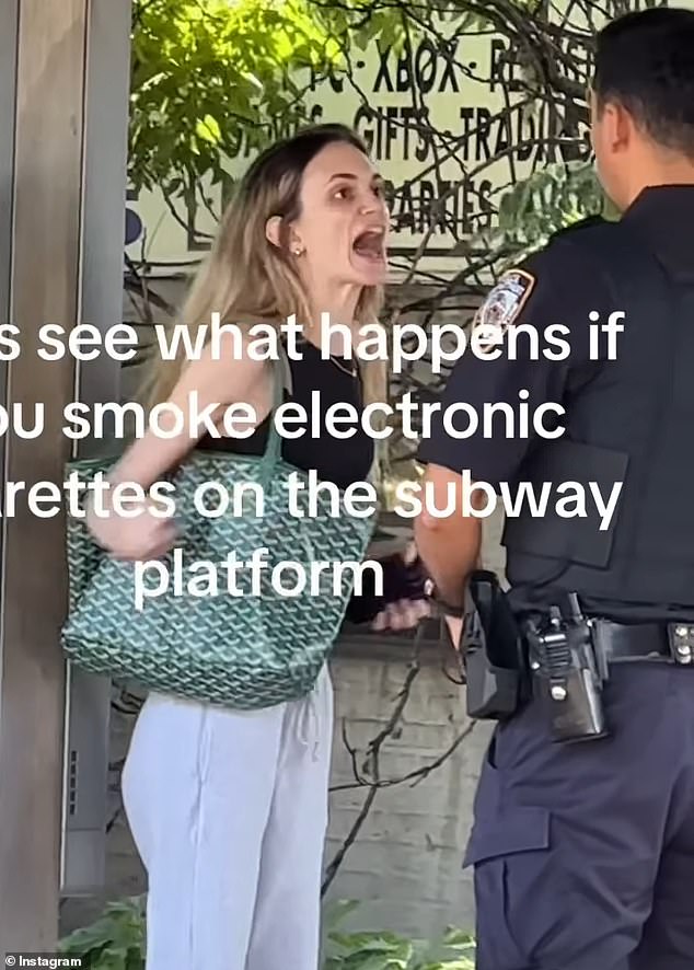 A woman who was reprimanded by NYPD cops for allegedly evading a fare and vaping at a subway stop was seen throwing an epic tantrum when police asked for her ID