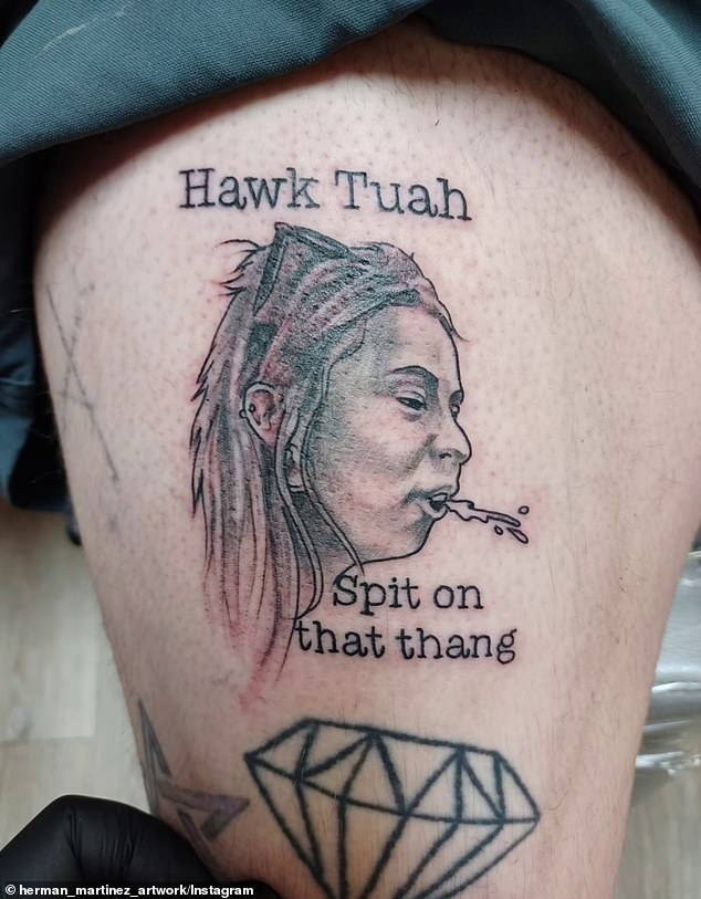 The viral 'Hawk Tuah' girl has now made her permanent mark in online history after one crazed fan got her viral moment tattooed on their leg