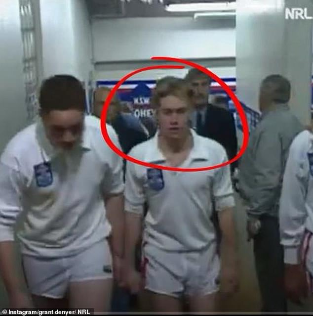 A series of pictures show a barely recognisable 16-year-old Grant in a pair of snug fitting shorts about to run out on the field