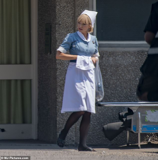 Helen was dressed in her character's famous nurse uniform as she filmed new scenes for the show's upcoming 14th series