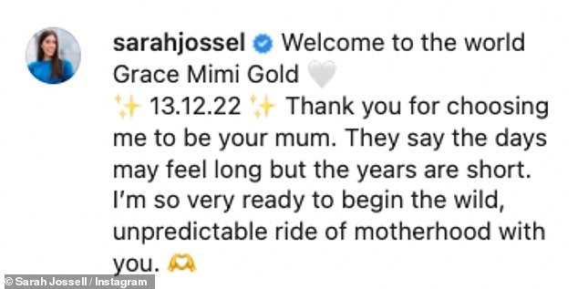 Sarah, who married her husband in August 2021, revealed she had given birth a week earlier on December 13 and thanked Grace for 'choosing me to be your Mum'