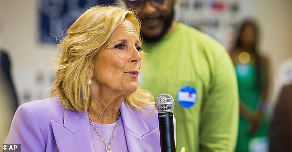 First lady Jill Biden speaks at the Virginia Beach Democratic Coordinated Campaign Office on Thursday, June 27, 2024 in Virginia Beach, Va. (AP Photo/John C. Clark)