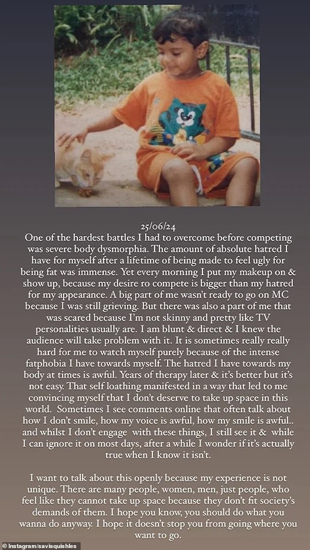 In a moving share to her stories on Wednesday Sav opened up about her body dysmorphia - a psychological disorder in which an individual obsesses over a perceived flaw in their appearance. Pictured: Sav's post which includes a photo of herself as a child