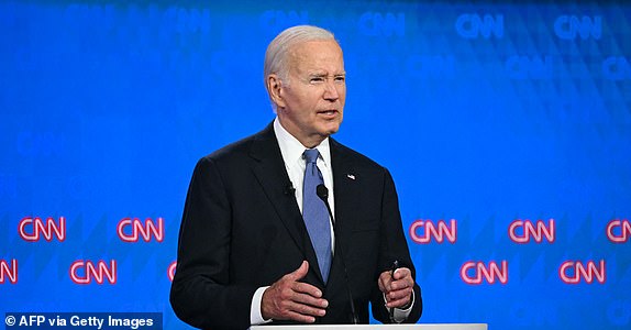 US President Joe Biden speaks as he participates in the first presidential debate of the 2024 elections with former US President and Republican presidential candidate Donald Trump at CNN's studios in Atlanta, Georgia, on June 27, 2024. (Photo by ANDREW CABALLERO-REYNOLDS / AFP) (Photo by ANDREW CABALLERO-REYNOLDS/AFP via Getty Images)