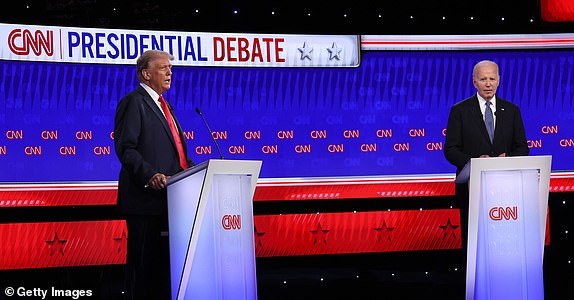 ATLANTA, GEORGIA - JUNE 27: U.S. President Joe Biden (R) and Republican presidential candidate, former U.S. President Donald Trump participate in the CNN Presidential Debate at the CNN Studios on June 27, 2024 in Atlanta, Georgia. President Biden and former President Trump are facing off in the first presidential debate of the 2024 campaign. (Photo by Justin Sullivan/Getty Images)