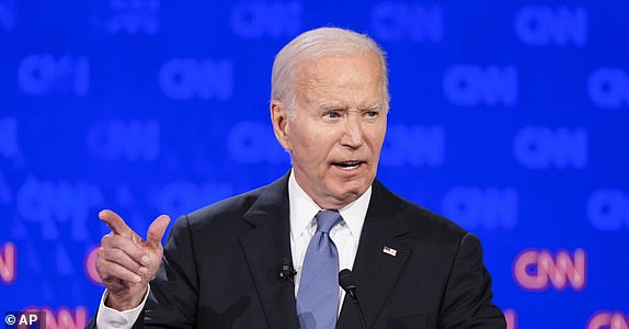 President Joe Biden gestures during a presidential debate with Republican presidential candidate former President Donald Trump, Thursday, June 27, 2024, in Atlanta. (AP Photo/Gerald Herbert)