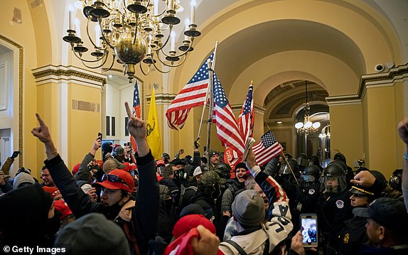 WASHINGTON, DC - JANUARY 6: Supporters of US President Donald Trump protest inside the US Capitol on January 6, 2021, in Washington, DC. - Demonstrators breeched security and entered the Capitol as Congress debated the 2020 presidential election Electoral Vote Certification. (Photo by Brent Stirton/Getty Images)