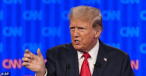 Republican presidential candidate former President Donald Trump speaks during a presidential debate with President Joe Biden, Thursday, June 27, 2024, in Atlanta. (AP Photo/Gerald Herbert)