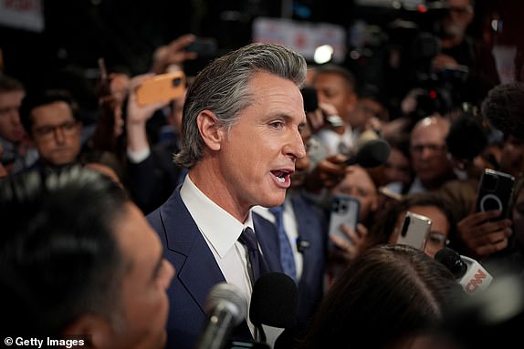 ATLANTA, GEORGIA - JUNE 27: Gov. Gavin Newsom (D-CA) speaks to reporters in the spin room following the CNN Presidential Debate between U.S. President Joe Biden and Republican presidential candidate, former U.S. President Donald Trump at the McCamish Pavilion on the Georgia Institute of Technology campus on June 27, 2024 in Atlanta, Georgia. President Biden and former President Trump are faced off in the first presidential debate of the 2024 campaign. (Photo by Andrew Harnik/Getty Images)