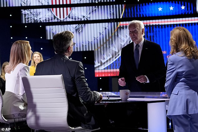 President Joe Biden, second right, and first lady Jill Biden, right, greet CNN event moderators Dana Bash, from left, and Jake Tapper