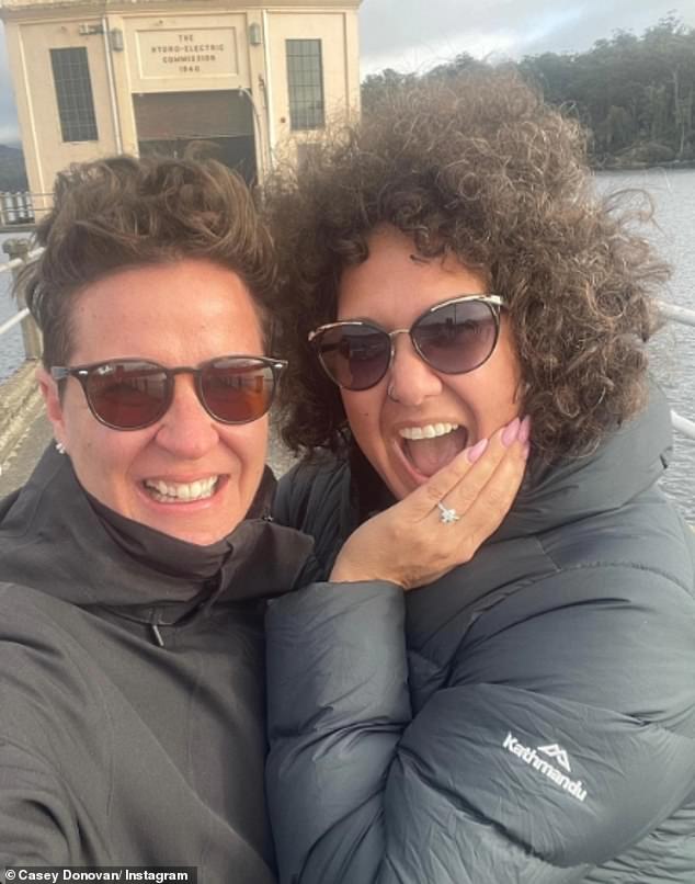 Showing off her massive diamond ring, the theatre star cuddled up to her girlfriend as she shared in the caption the wholesome moment Renee got down on bended knee