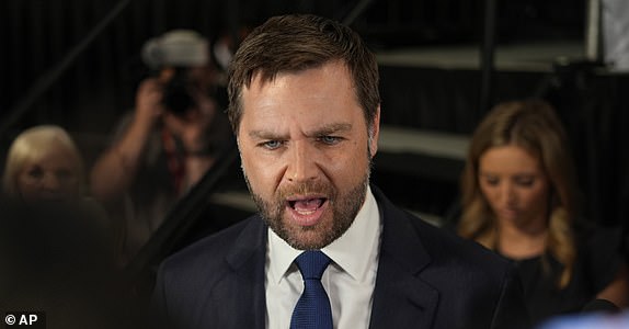 Sen. J.D. Vance, R-Ohio, speaks to reporters in the spin room after a presidential debate between President Joe Biden and Republican presidential candidate former President Donald Trump in Atlanta, Thursday, June 27, 2024. (AP Photo/Pablo Martinez Monsivais)