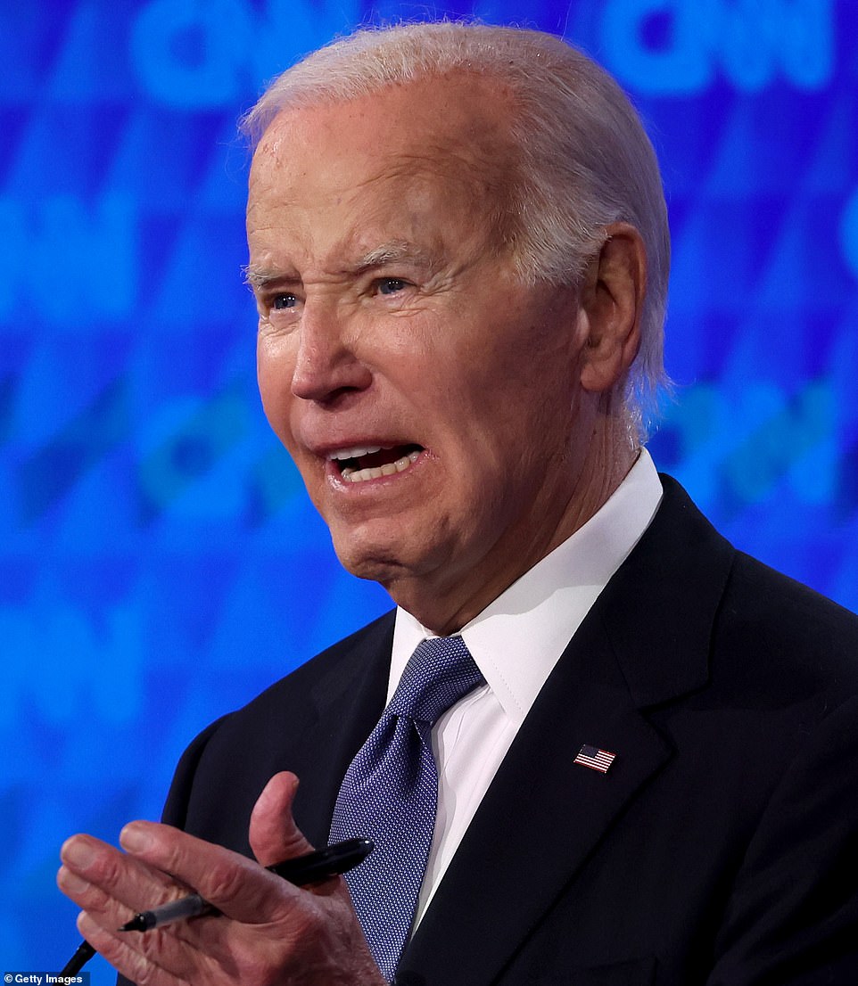 Immediately after taking the stage, Biden's voice was hoarse and he repeatedly cleared his throat , and he continued to go down hill during the 90-minute primetime face-off on CNN. At times, the president looked blankly into the camera or down at his notes while Trump was speaking.