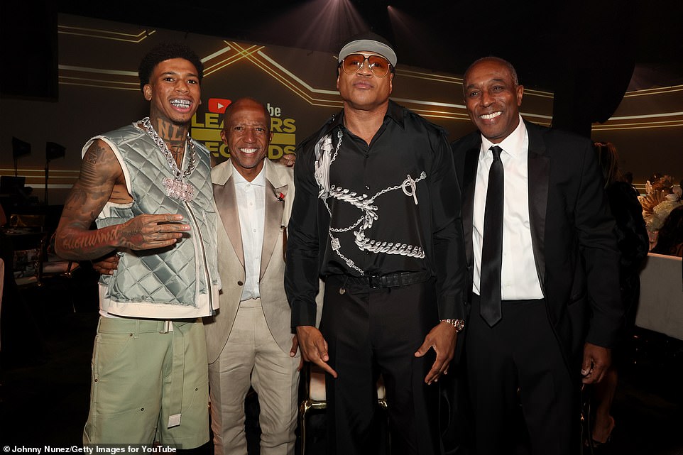 Once inside the industry event, the 56-year-old rap legend (born James Smith) hung out with (from L-R) Memphis rapper NLE Choppa, 300 Entertainment CEO Kevin Liles, and UMG general counsel and EVP Jeffrey Harleston