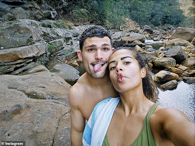 The Aussie footballer, 21, took to Instagram on Friday to share an array of photographs from her day out, including a loved-up selfie with her rugby player boyfriend Nathan (left)