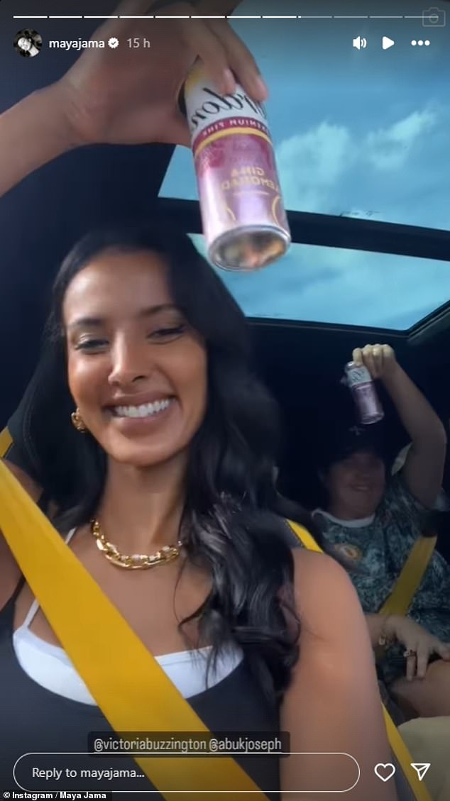 Elsewhere at Worthy Farm Maya Jama threw herself into the festival celebrations, enjoying a tinnie as she travelled to the iconic venue with her pals