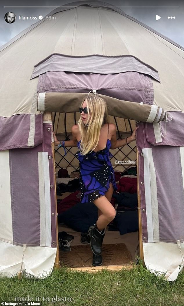 Lila Moss also showed off her model physique in a slinky purple mini dress as she shared an Instagram snap from her luxurious yurt at the festival