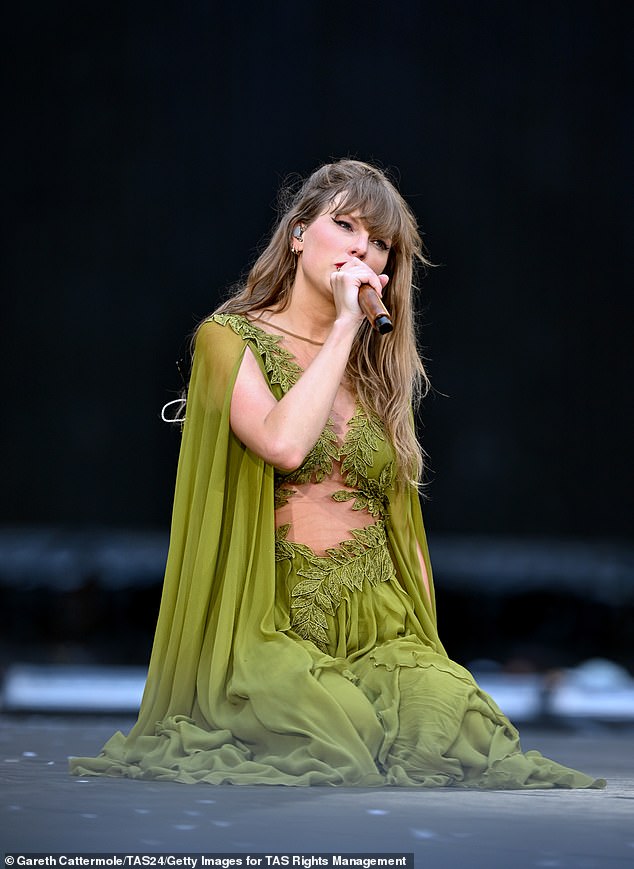 Taylor pictured performing a set during the Eras tour performances in Wembley, London last week