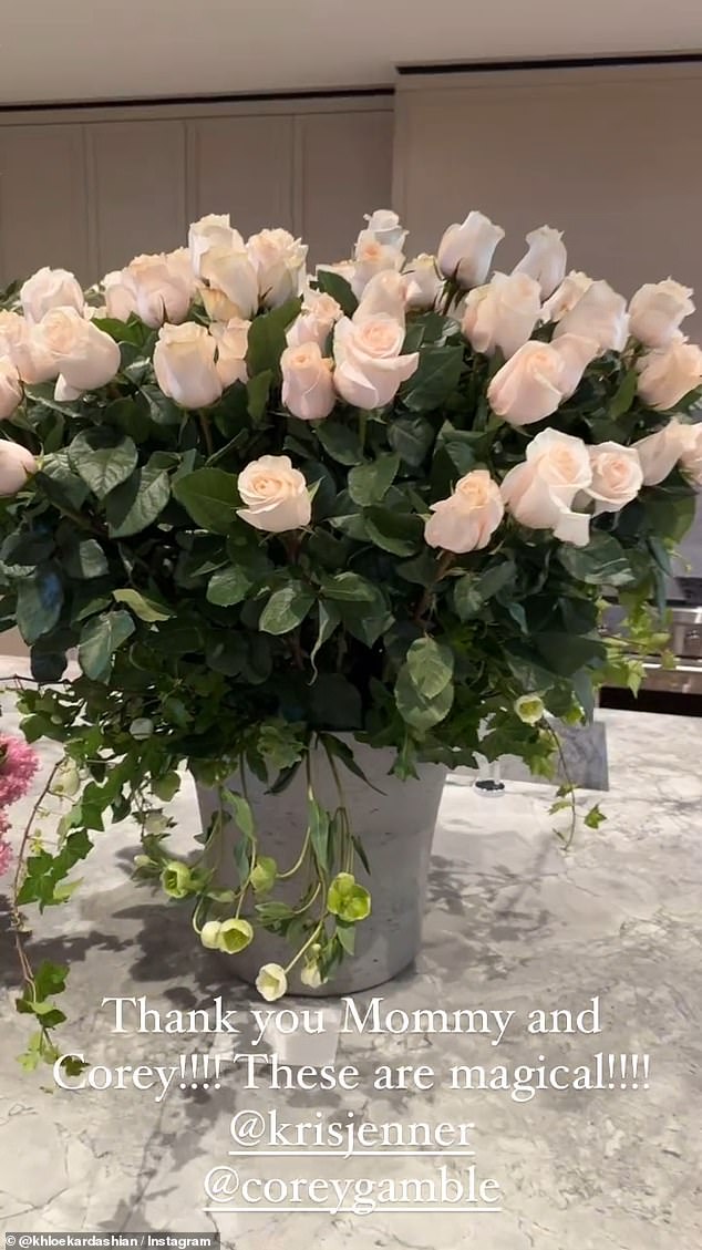 Mom Kris Jenner and her boyfriend Corey Gamble sent light pink roses as Khloe gushed they were 'magical': 'Thank you mommy and Corey'