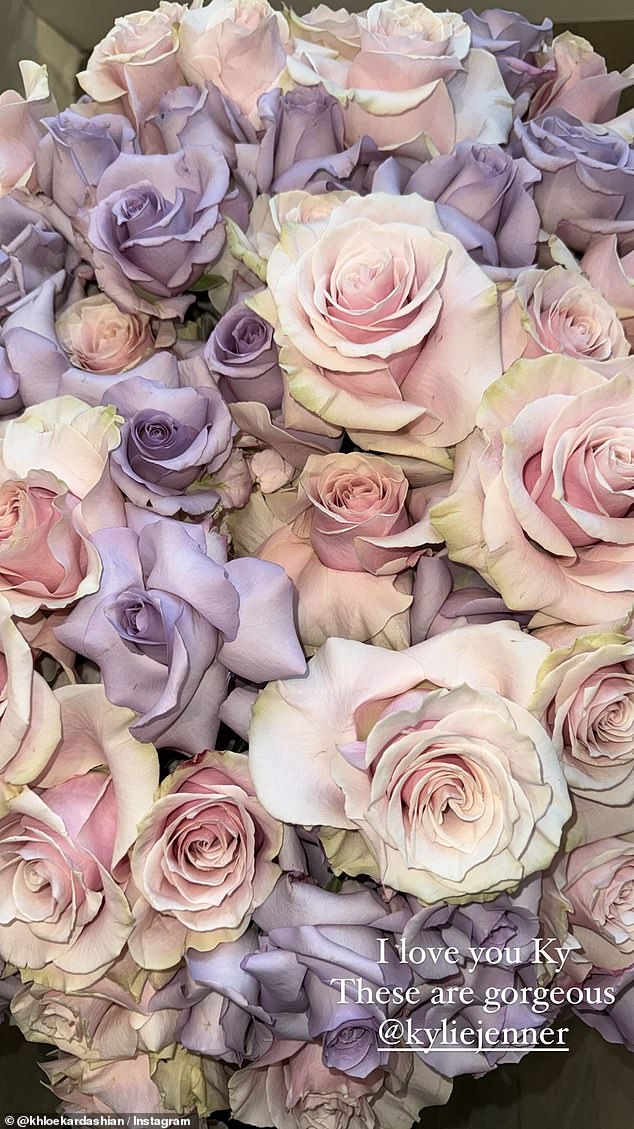 The TV star received over 100 huge bouquets of flowers from her loved ones as well as some brands. Kylie Jenner seemed to be the only sister who sent flowers; hers were a mix of pink and purple roses. 'I love you Khy, these are gorgeous,' said Khloe