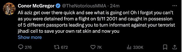 In a now-deleted tweet, the former two-weight UFC champion restated previous allegations about Nurmagomedov's manager Ali Abdelaziz